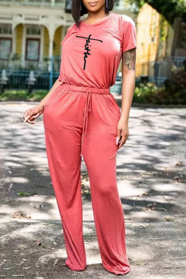 Pink Casual Print Patchwork O Neck Short Sleeve Two Pieces