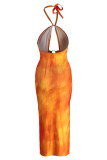 Orange Fashion Sexy Print Bandage Hollowed Out Backless Halter Strapless Dress