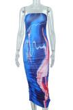 Blue Sexy Print Patchwork Strapless Pencil Skirt Dresses