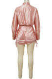 Pink Sexy Solid Bandage Patchwork Buckle Fold Turndown Collar Shirt Dress Dresses