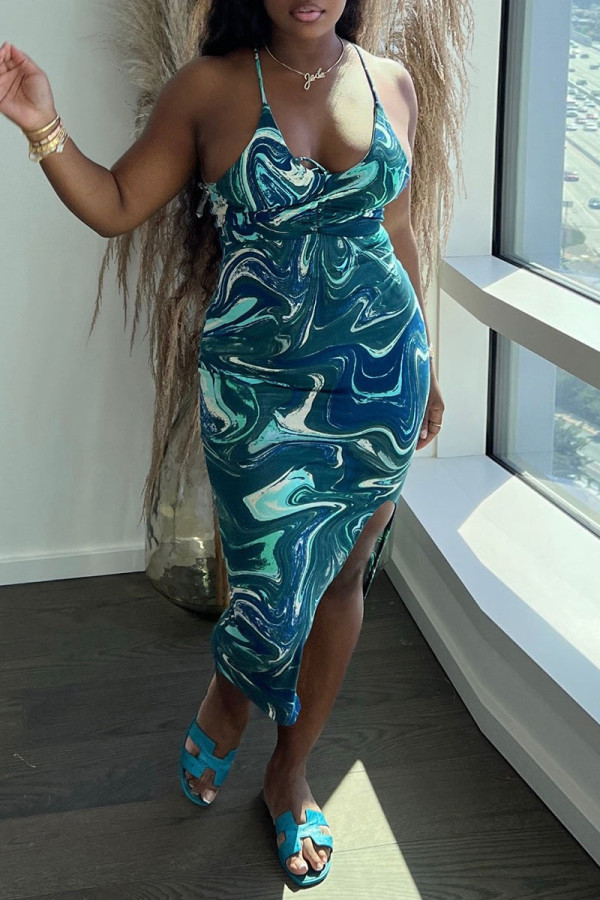 Blue Fashion Sexy Print Backless Slit Spaghetti Strap Sleeveless Dress
