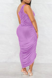 Rose Purple Casual Solid Split Joint Fold Asymmetrical Oblique Collar Dresses