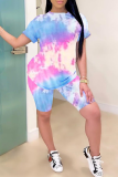Multicolor Casual Patchwork Tie-dye O Neck Short Sleeve Two Pieces