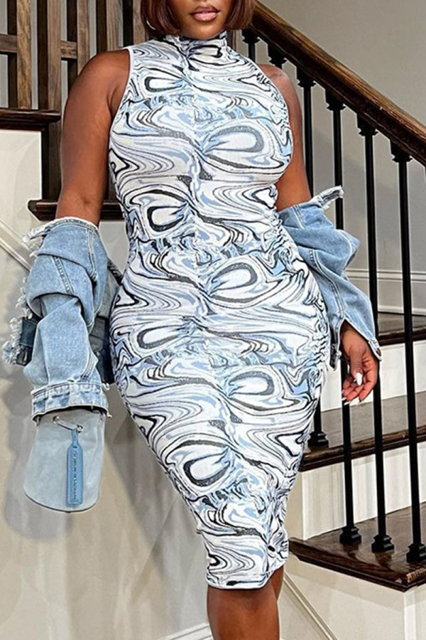 Blue Sexy Print Patchwork Half A Turtleneck One Step Skirt Dresses