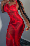 Colour Sexy Print Patchwork Spaghetti Strap One Step Skirt Dresses