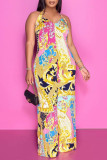 Yellow Sexy Print Split Joint Backless Halter Straight Jumpsuits