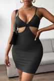 Black Sexy Casual Solid Hollowed Out Backless Spaghetti Strap One Step Skirt Dresses