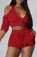 Red Fashion Casual Print Patchwork Hooded Collar Short Sleeve Two Pieces