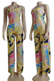 Yellow Sexy Print Patchwork Backless Halter Straight Jumpsuits