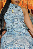 Blue Sexy Print Patchwork Half A Turtleneck One Step Skirt Dresses