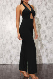 Black Sexy Solid Hollowed Out Patchwork Backless Halter Straight Jumpsuits