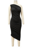 Black Casual Solid Split Joint Fold Asymmetrical Oblique Collar Dresses
