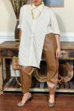 Khaki Fashion Striped Slit Turndown Collar Tops