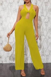 Yellow Sexy Solid Hollowed Out Split Joint Backless Halter Straight Jumpsuits