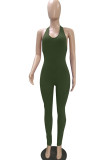 Army Green Sexy Solid Split Joint Backless Halter Regular Jumpsuits