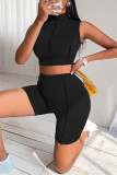 Coffee Fashion Casual Sportswear Solid Patchwork Turtleneck Sleeveless Two Pieces