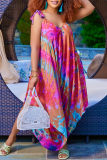 Multicolor Fashion Sexy Casual Print Bandage Backless V Neck Loose Jumpsuits
