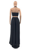 Blue Fashion Sexy Solid Backless Halter Sleeveless Two Pieces