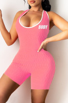 Pink Fashion Casual Sportswear Letter Print Backless U Neck Skinny Romper