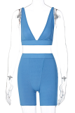 Blue Sexy Solid Patchwork V Neck Sleeveless Two Pieces