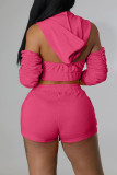 Pink Fashion Casual Letter Solid Split Joint Backless Hooded Collar Three Quarter Two Pieces