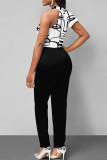 White Casual Print Patchwork Flounce O Neck Sleeveless Two Pieces
