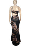 Black Sexy Print Hollowed Out Patchwork Oblique Collar Evening Dress Dresses