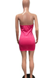 Pink Sexy Solid Bandage Hollowed Out Patchwork Strapless Dresses