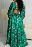 Green Sexy Print Hollowed Out Backless V Neck Asymmetrical Dresses