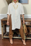 Khaki Fashion Striped Slit Turndown Collar Tops