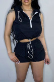 Black Casual Solid Split Joint Hooded Collar Sleeveless Two Pieces