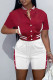 Red Casual Patchwork Pocket Cardigan Collar Short Sleeve Two Pieces