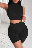 Coffee Fashion Casual Sportswear Solid Patchwork Turtleneck Sleeveless Two Pieces