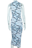 Blue Sexy Print Patchwork Half A Turtleneck One Step Skirt Dresses
