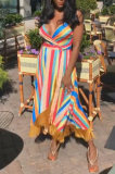 Colour Fashion Sexy Print Tassel Patchwork Backless V Neck Sling Dress