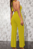 Yellow Sexy Solid Hollowed Out Patchwork Backless Halter Straight Jumpsuits