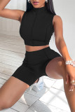 Coffee Fashion Casual Sportswear Solid Patchwork Turtleneck Sleeveless Two Pieces
