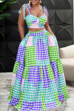 Pink Sexy Casual Plaid Print Bandage Spaghetti Strap Sleeveless Two Pieces