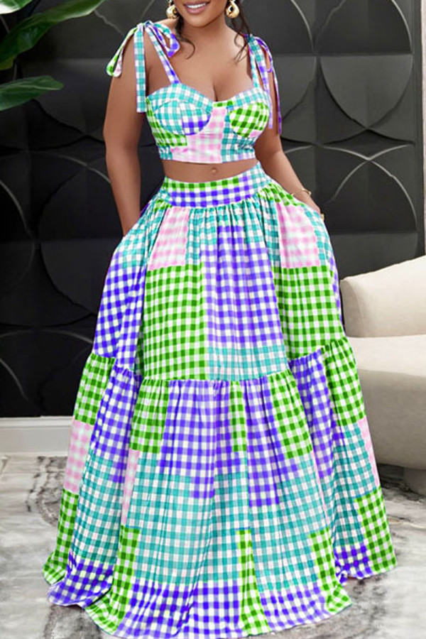 Light Purple Sexy Casual Plaid Print Bandage Spaghetti Strap Sleeveless Two Pieces
