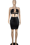 Black Sexy Solid Bandage Hollowed Out Split Joint Backless Spaghetti Strap Two Pieces