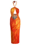 Orange Fashion Sexy Print Bandage Hollowed Out Backless Halter Strapless Dress