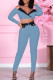 Blue Fashion Casual Solid Patchwork Backless V Neck Long Sleeve Two Pieces