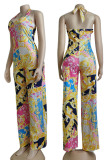 Yellow Sexy Print Patchwork Backless Halter Straight Jumpsuits