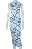 Blue Sexy Print Patchwork Half A Turtleneck One Step Skirt Dresses