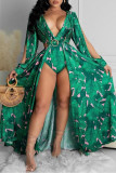 Green Sexy Print Hollowed Out Backless V Neck Asymmetrical Dresses