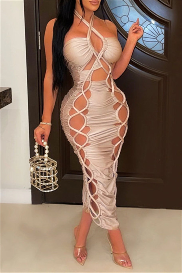 Khaki Fashion Sexy Solid Bandage Hollowed Out Backless Halter Long Dress Dresses