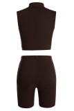 Coffee Fashion Casual Sportswear Solid Patchwork Turtleneck Sleeveless Two Pieces