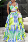 Pink Sexy Casual Plaid Print Bandage Spaghetti Strap Sleeveless Two Pieces