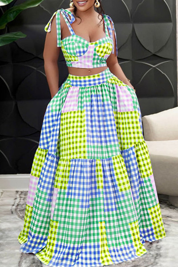 Yellow Sexy Casual Plaid Print Bandage Spaghetti Strap Sleeveless Two Pieces