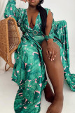 Green Sexy Print Hollowed Out Backless V Neck Asymmetrical Dresses